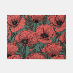 Poppy garden in coral, brown and pine green doormat