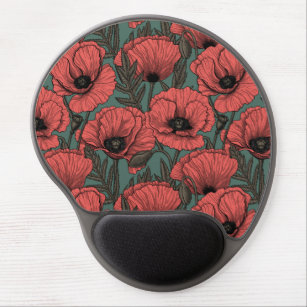 Poppy garden in coral, brown and pine green gel mouse pad