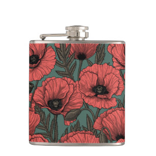 Poppy garden in coral, brown and pine green hip flask