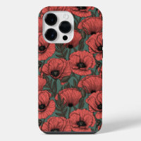 Poppy garden in coral, brown and pine green