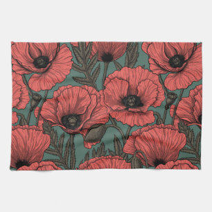 Poppy garden in coral, brown and pine green kitchen towel