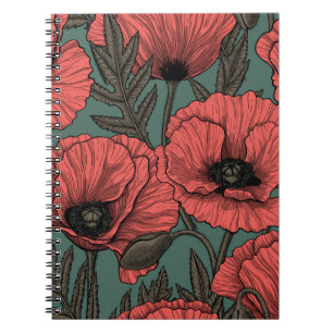 Poppy garden in coral, brown and pine green notebook
