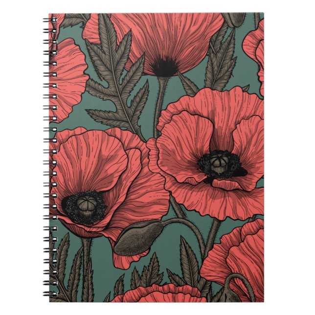Poppy garden in coral, brown and pine green notebook (Front)