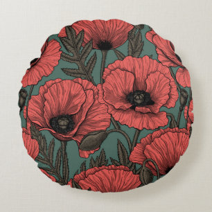 Poppy garden in coral, brown and pine green round pillow