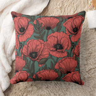 Poppy garden in coral, brown and pine green throw pillow