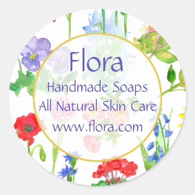 Poppy Geranium Pansy Watercolor Flowers Classic Round Sticker (Front)