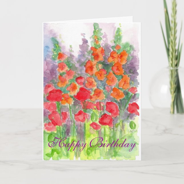 Poppy Gladiola Flower Watercolor Happy Birthday Thank You Card (Front)