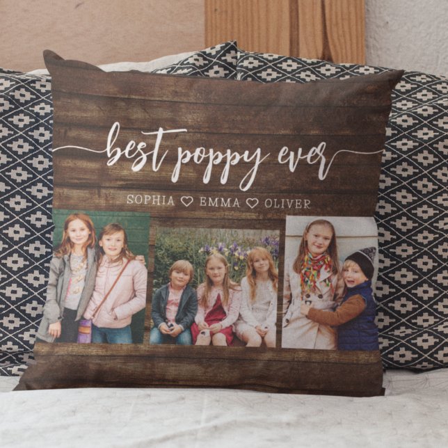 Poppy Grandfather Grandchildren Wood Photo Collage Throw Pillow (Creator Uploaded)