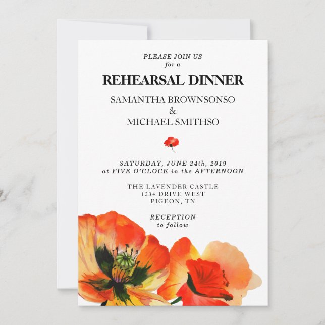 Poppy Greenery Watercolor Rehearsal Dinner Invitation (Front)