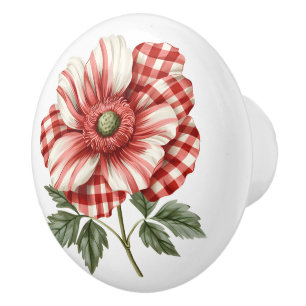 Poppy In Red White Gingham Ceramic Knob