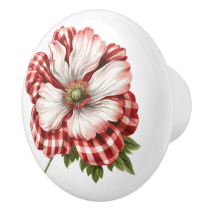 Poppy In Red White Gingham Ceramic Knob