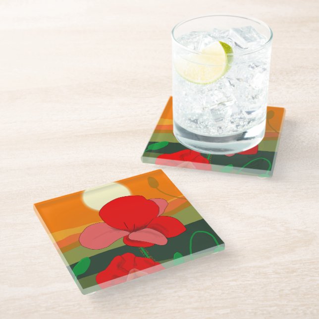 Poppy meadow at sunset   glass coaster (Angled)