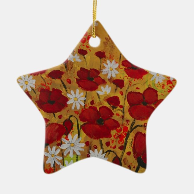Poppy Meadow, Red Flowers Ceramic Ornament (Front)