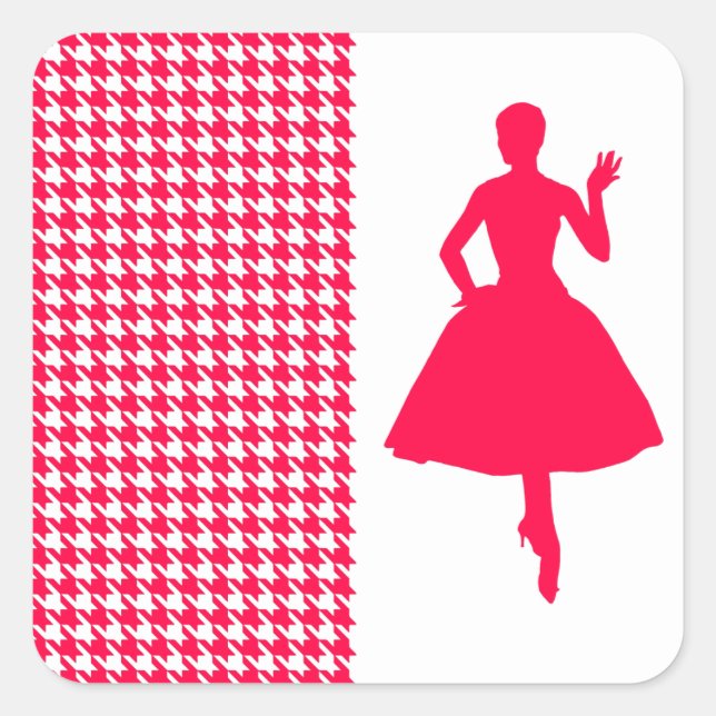 Poppy Modern Houndstooth with Fashion Silhouette Square Sticker (Front)