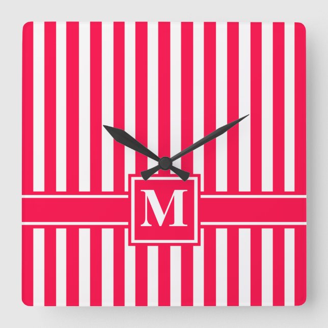 Poppy Modern Stripe with Monogram Square Wall Clock (Front)