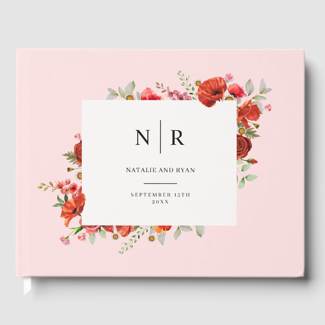 Poppy Monogram Pink Wedding Guest Book (Front)