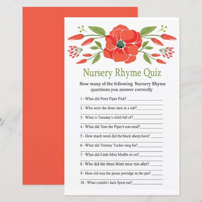 Poppy Nursery Rhyme Quiz baby shower game (Front/Back)