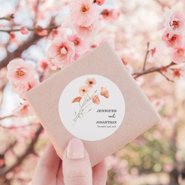 Poppy Orange Flower Wedding  Classic Round Sticker (Creator Uploaded)