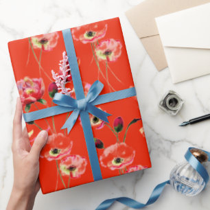 Poppy Pattern On Red Wrapping Paper