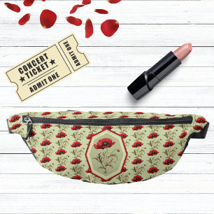 Poppy Pattern Red Sage Green with Floral Medallion Fanny Pack