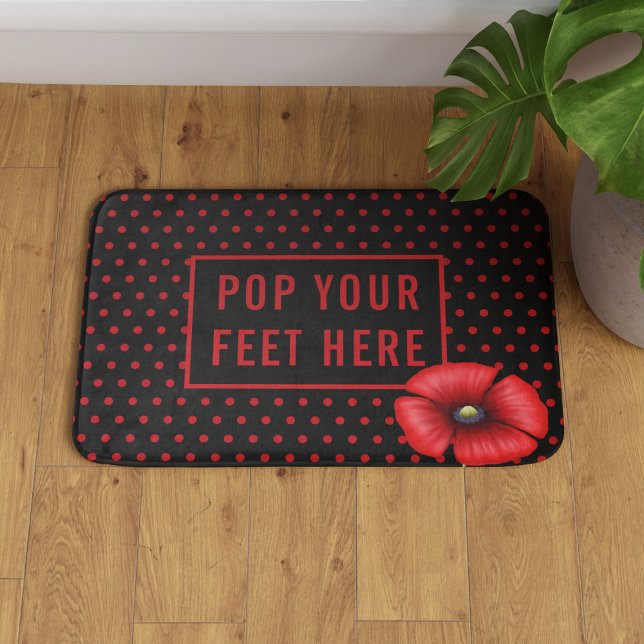 Poppy Polka Dot Pattern Red and Black Bath Mat (Pop your feet on this poppy bath bat. You can change the text!)