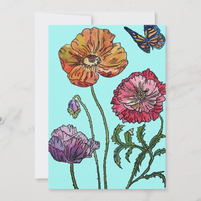 Poppy Poppies Art Aquarelle Invitation Anniversair (Devant)