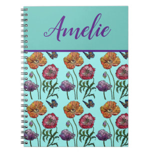 Poppy Poppies Red Shabby Chic Aqua Floral Flowers Notebook