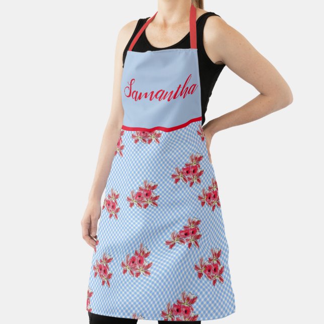 Poppy Poppies Red Shabby Chic Blue Gingham Floral  Apron (Insitu)