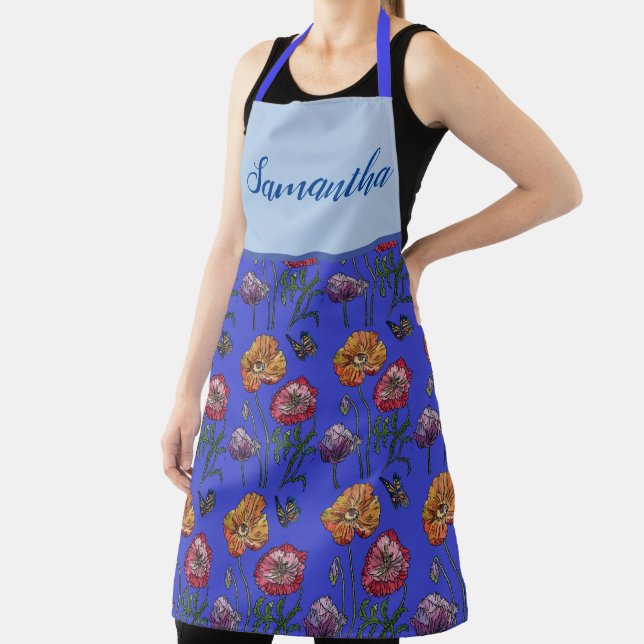 Poppy Poppies Red Shabby Chic Blue Gingham Floral  Apron (Insitu)