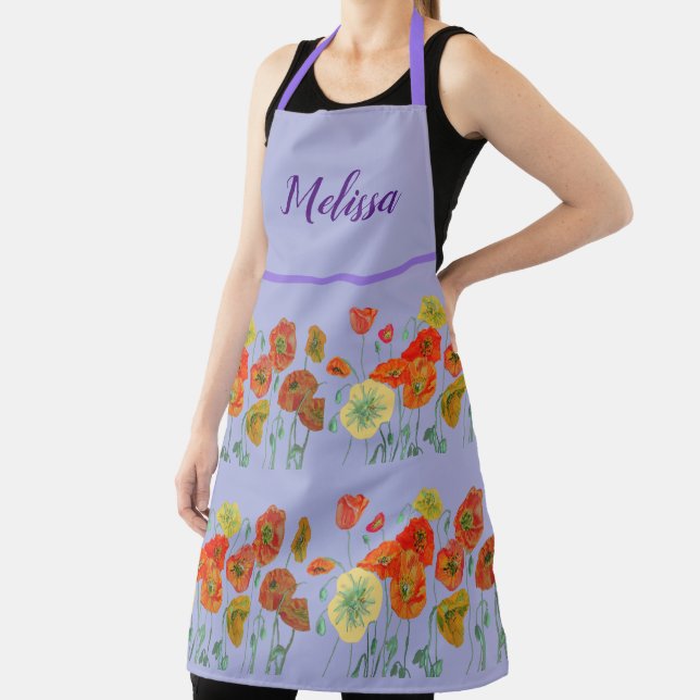 Poppy Poppies Red Watercolor Lilac Floral Apron (Insitu)