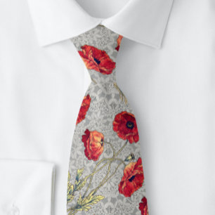 Poppy Red Gray Botanical Doily   Neck Tie