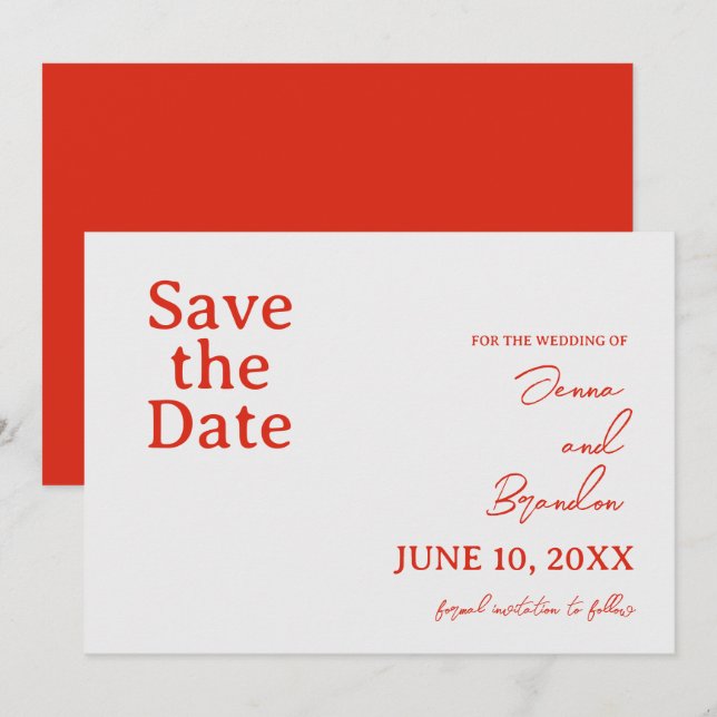 Poppy Red & Off White Modern Wedding Save The Date (Front/Back)