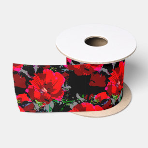 Poppy Red Retro Floral Design Satin Ribbon