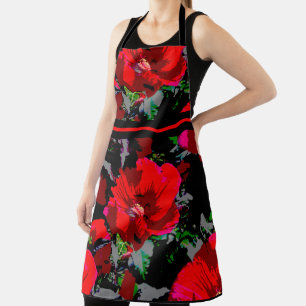 Poppy Red Retro Floral Design with strip Apron