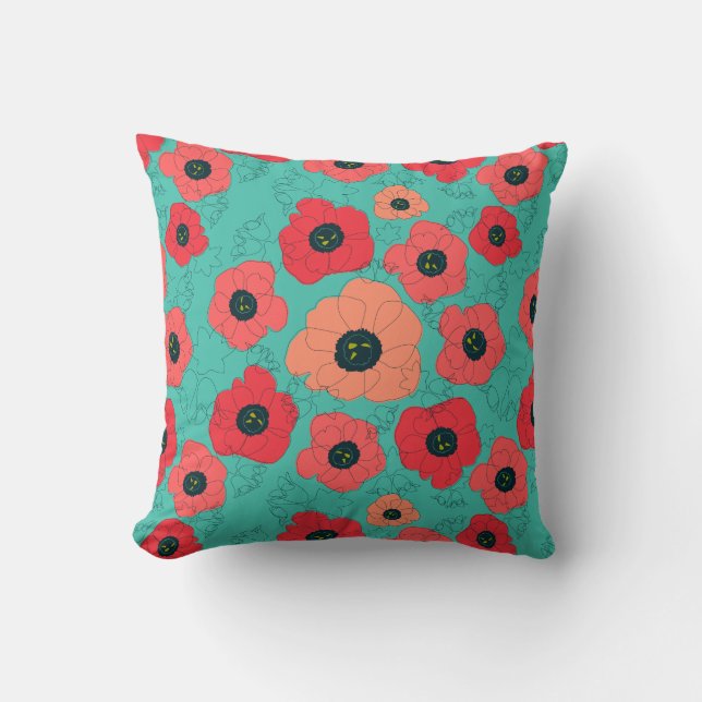 poppy spin coral on teal throw pillow (Front)