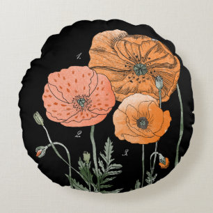 Poppy Study   Orange against black Round Pillow