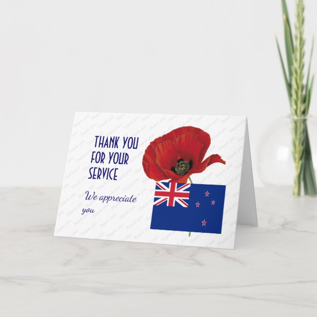 Poppy | Veterans | Remembrance | NEW ZEALAND Flag Thank You Card (Front)