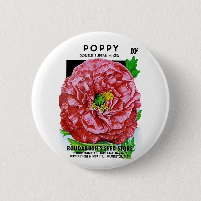Poppy Vintage Seed Packet 2 Inch Round Button (Front)