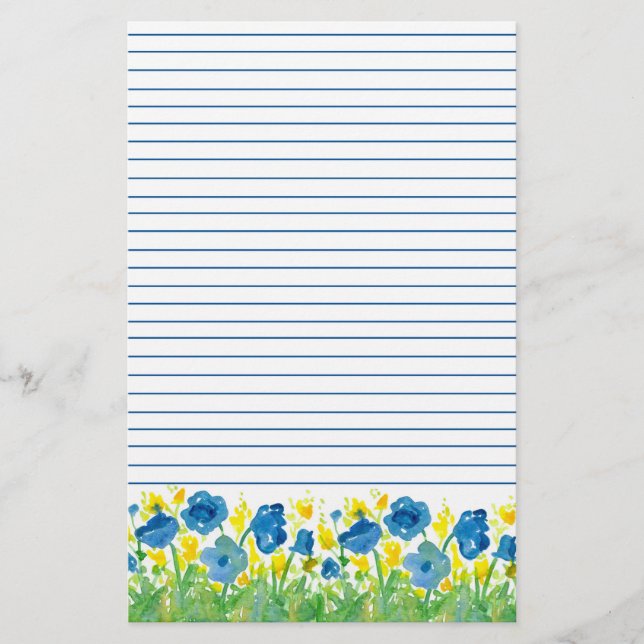 Poppy Watercolor Blue Flowers Lined Stationery (Front)