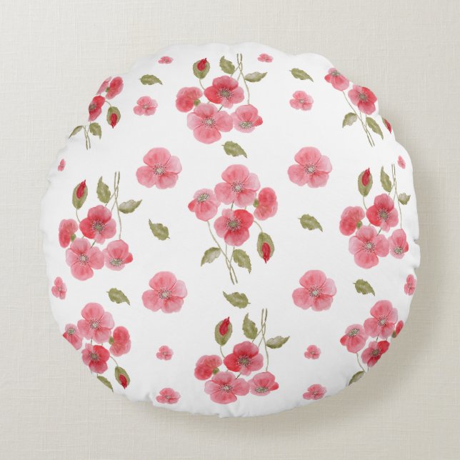 Poppy Watercolor Flower Round Pillow (Front)