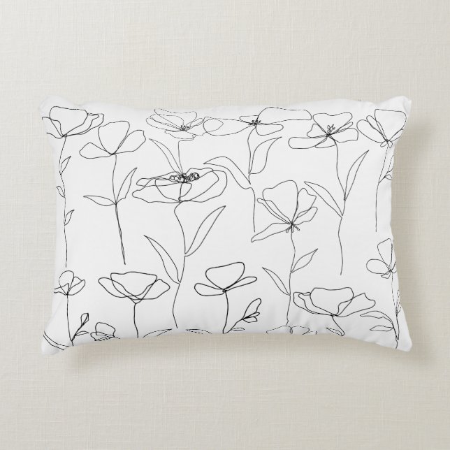 Poppy Wildflower Black and White Minimal Floral Accent Pillow (Front)