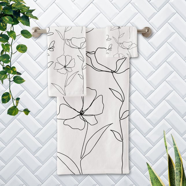 Poppy Wildflower Black and White Minimal Floral Bath Towel Set (In situ Bathroom wall)
