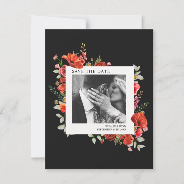 Poppy Wildflowers Dark Wedding Photo Save The Date (Front)