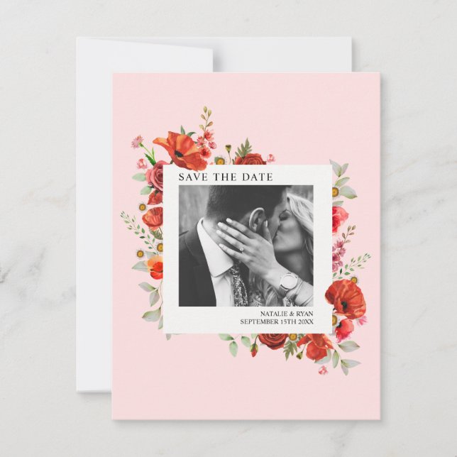 Poppy Wildflowers Pink Wedding Photo Save The Date (Front)