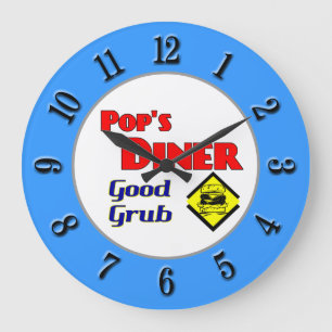 Pop's Diner Rétro Rouge Bleu Cuisine Horloge