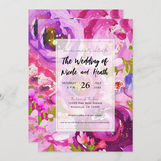 Pops of Pink & Purple Vibrant Floral Wedding Invitation (Front/Back)