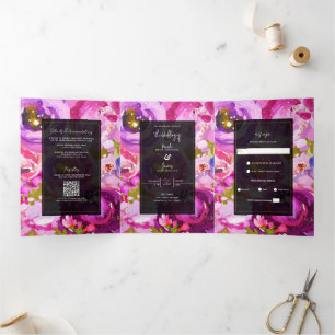Pops of Pink & Purple Vibrant Floral Wedding Tri-Fold Invitation