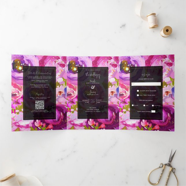 Pops of Pink & Purple Vibrant Floral Wedding Tri-Fold Invitation (Inside)