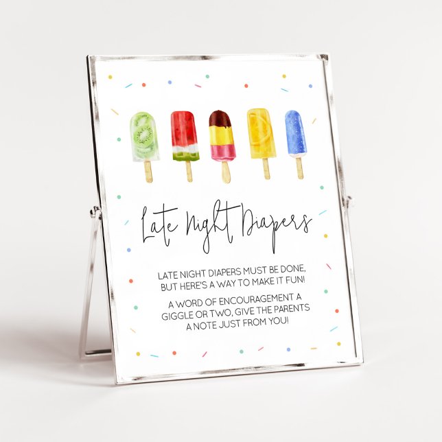 Popsicle Baby Shower Late Night Diapers Poster (Ready to Pop Baby Shower Late Night Diapers Sign)