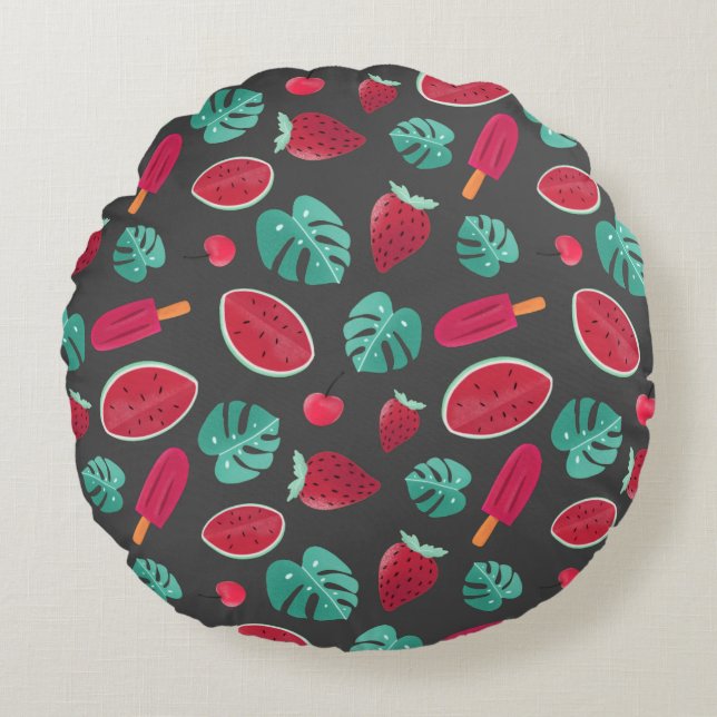 Popsicle, Cherry, Strawberry & Watermelon Round Pillow (Front)
